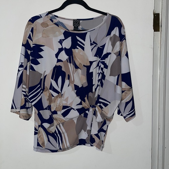 Clara Sun Woo Tops - Clara Sun Woo PXL Navy Blue Floral Print Tie Front Dolman Sleeve Top